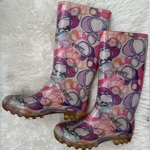 Coach Poppy Graphic Rain Boots Pull-On Waterproof Rubber Size 7 Multicolor